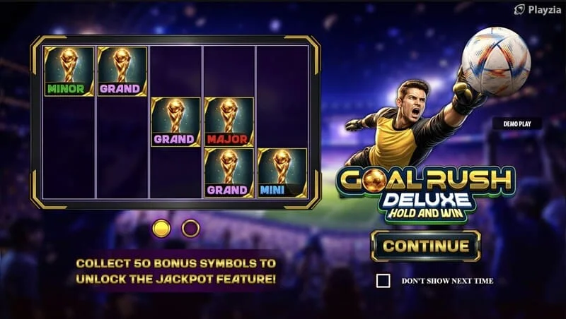 Goal Rush Deluxe - menu utama dengan gulungan dan tribun stadion